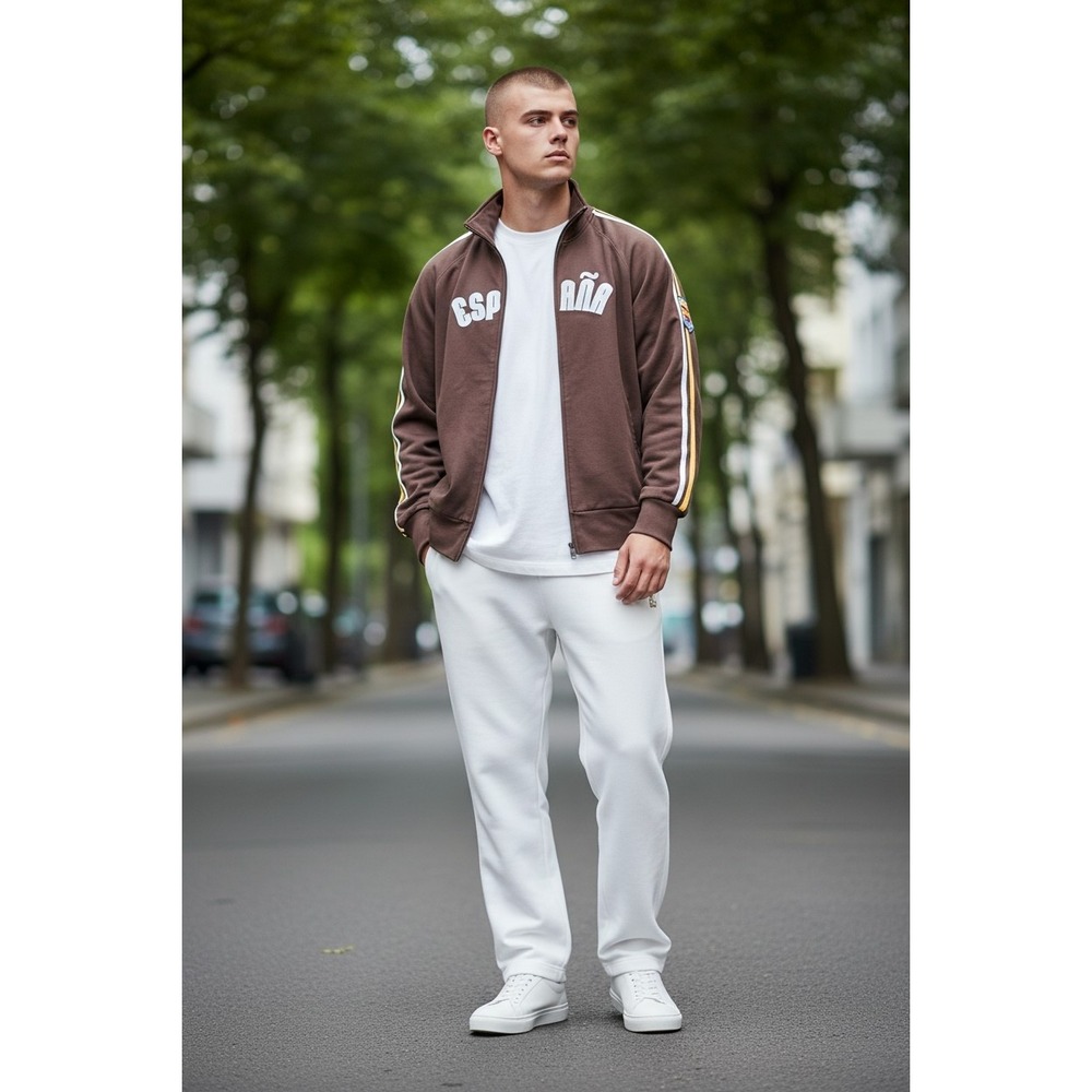 España Mens Brown Full Zip Track‎ Jacket Mock Neck Spain Patch Racing Stripes